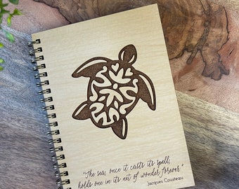 Wooden journal, Sea Turtle, Jacques Cousteau, poem, gift, birthday, mom, sister, friend, sketch book, planner, quote, christmas, ocean lover