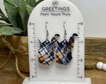 West Virginia earrings, WV, blue and gold, almost heaven, college, grad gift, Christmas gift, stocking stuffer, game day stainless steel