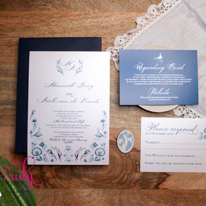 Delft Wedding Invtation, Danish invitation, Dutch, Delft Blue, Tulip, Delft pattern, Personzlied invitation, unique, elegant, Yours Truly