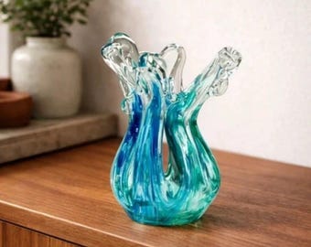 Jarrón decorativo de cristal de Murano en tonos azules y verdes - decoración vintage para el hogar