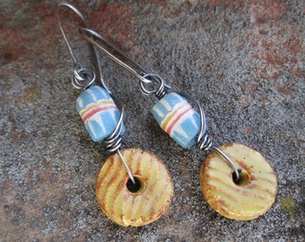 SALE - One of a Kind!  Fun and Funky ceramic and Trade Bead Sterling Silver Earrings!