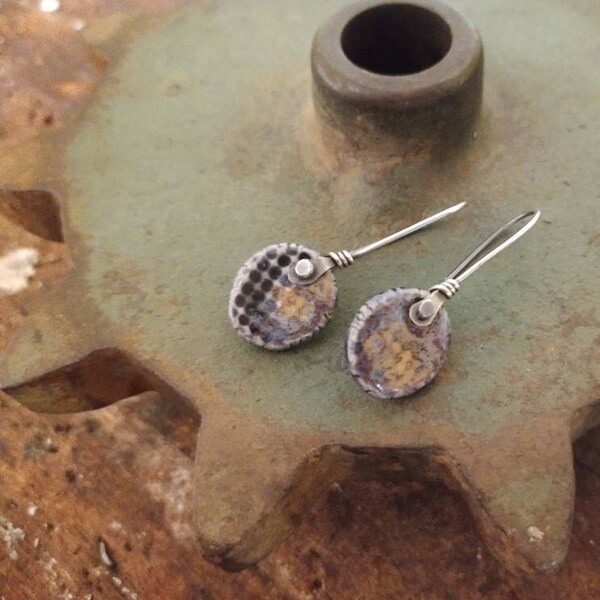 SALE - One of a Kind!  Handmade Riveted Ceramic  Beads and Sterling Silver Earrings!