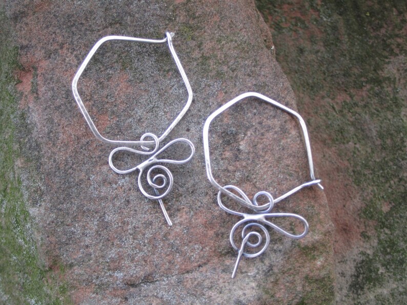 Sterling Silver Honey Comb Hoops with Bee, Bee Keeper Earrings image 3