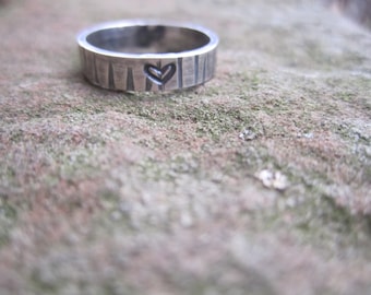 Tree Bark Stack Ring with carved/stamped heart