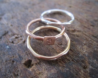 Set of three Hammer Faceted Stack Ring Set with Custom Initial -Gold, Silver and Rose Gold