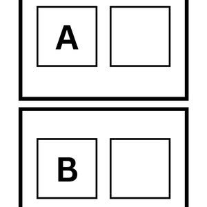 Pode incluir: Um layout gráfico com dois quadros retangulares empilhados, cada um contendo dois quadrados menores. O quadrado superior esquerdo exibe a letra maiúscula A em preto, e o quadrado inferior esquerdo exibe a letra maiúscula B em preto.