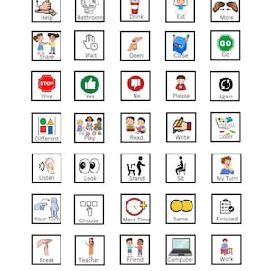 Può includere: Una griglia di trentacinque icone di comunicazione quadrate con illustrazioni colorate ed etichette di testo per le attività quotidiane, tra cui Help, Bathroom, Drink, Eat, More, Share, Wait, Open, Close, Go, Stop, Yes, No, Please, Again, Different, Play, Read, Write, Color, Listen, Look, Stand, Sit, My Turn, Your Turn, Choose, More Time, Same, Finished, Break, Teacher, Friend, Computer e Work.
