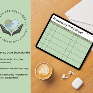 May include: A digital tablet displaying a green frequency data sheet, with a cup of coffee, wireless earbuds, and a charging case on a wooden surface. The tablet is black with a white border. A pencil and a sheet of paper are also visible.