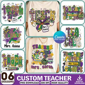 Op de afbeelding: Collectie van zes aangepaste lerarenontwerpen, met teksten als "TEACHER" en "100 Days of School", in groen, paars en goud. Inclusief PNG-download en hoge resolutie.