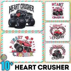 Könnte beinhalten: Eine Sammlung von Grafikdesigns mit Monstertrucks und dem Text "HEART CRUSHER". Die Designs umfassen rote und schwarze Trucks, Herzen und Schachbrettmuster. Die Designs sind für den Valentinstag geeignet.