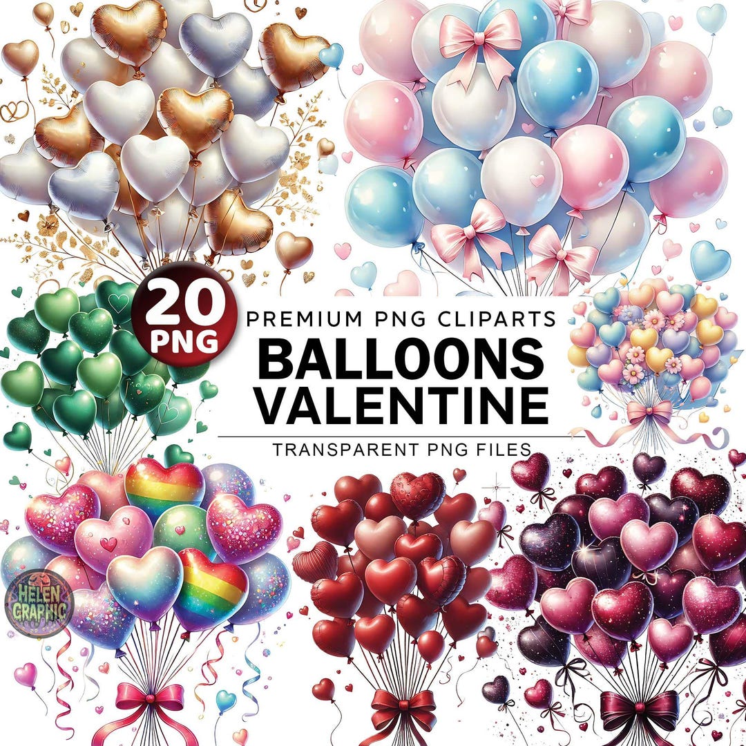 Watercolor Heart Balloons Clipart Bundle, 20 PNG Sweet Heart, Coquette ...