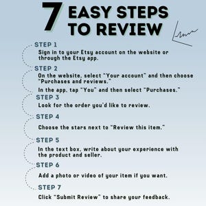 May include: A graphic with the text "7 EASY STEPS TO REVIEW" on a gradient blue background. The steps include signing in, selecting purchases, finding the order, choosing stars, writing a review, adding a photo, and submitting.