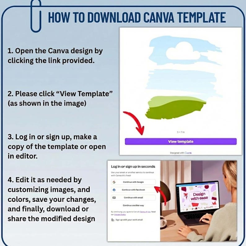 May include: A guide titled "HOW TO DOWNLOAD CANVA TEMPLATE" with numbered steps. The image includes a screenshot of a Canva template with a "View template" button and a person using a laptop with the words "Design with ease" on the screen.
