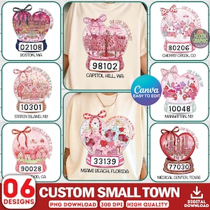 May include: Collection of six custom small town designs, each featuring a heart-shaped snow globe with a unique town name and zip code. The designs include illustrations of buildings, trees, and decorative elements, perfect for Valentine's Day.