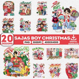 May include: A collection of 20 digital designs featuring the text "SAJAS BOY CHRISTMAS" and the words "SAJA BOYS" in various styles. The designs include illustrations of anime-style characters in Christmas-themed settings, with a resolution of 4000x4000 pixels.