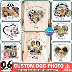 以下が含まれることがあります： 犬の写真を使ったカスタムデザインのコレクション。各デザインには犬の写真、名前、「All You Need is Love And A Dog」や「My Dog Is My Greatest Blessing」などのテキストが含まれています。デザインには足跡、ハート、花のアクセントが含まれています。