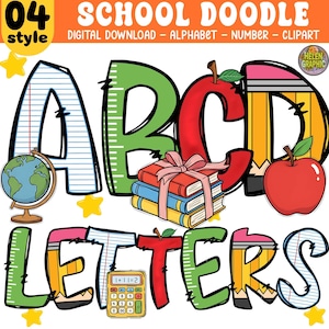 May include: A vibrant school-themed digital artwork showcasing the letters A, B, C, and D, designed as school supplies. The image includes a globe, books, a pencil, and an apple. The word "LETTERS" is also displayed, along with a calculator and stars.