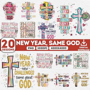 May include: A digital design featuring 20 variations of the phrase "New Year, Same God" with cross graphics. The designs incorporate various colors, fonts, and decorative elements, suitable for Christian-themed crafts.