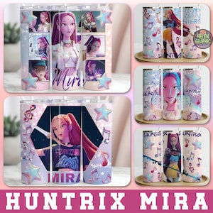 May include: Several stainless steel tumblers with colorful designs featuring a cartoon character, musical notes, and stars. The tumblers have the text "Mira" and "Huntrix Mira" on them. The tumblers are on a wooden tray.
