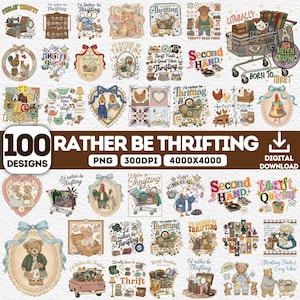 Puede incluir: Un conjunto gráfico de descarga digital con 100 diseños, con ilustraciones con temática de compra de segunda mano. Los diseños incluyen texto como "I'd Rather Be Thrifting", osos, carritos de compras y artículos vintage. El archivo está etiquetado como PNG, 300 DPI y 4000x4000 píxeles.