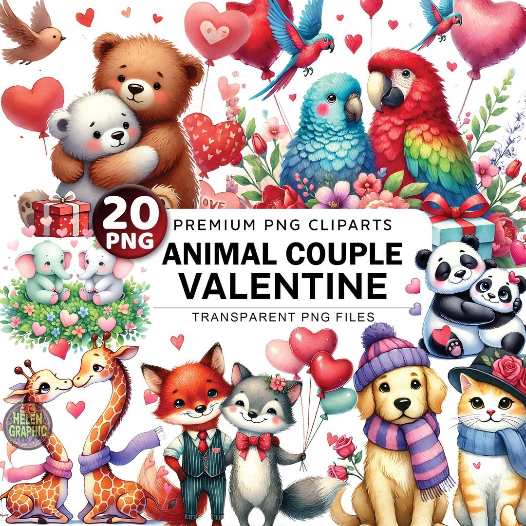 Watercolor Animal Clipart Bundle, 20 PNG Valentine Couple, Animal ...