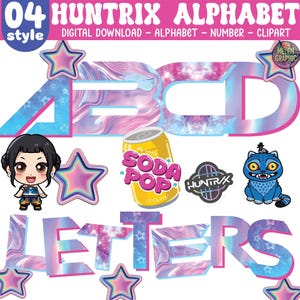 May include: Digital clipart set featuring the letters A, B, C, and D in a holographic design with pink and blue hues. Includes a soda can graphic, star shapes, and cartoon characters. The text "HUNTRIX ALPHABET" is displayed at the top.