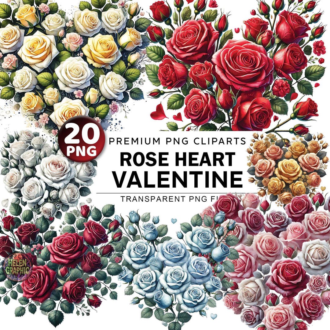 Watercolor Rose Heart Clipart Bundle, 20 PNG Valentines Heart, Floral ...