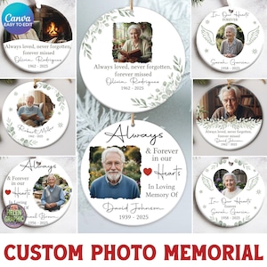 May include: A collection of personalized memorial ornaments with photos, text, and dates. The ornaments are round, white, and feature images of individuals, along with phrases like "Always loved, never forgotten." The text "Custom Photo Memorial" is at the bottom.