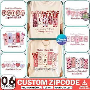 Puede incluir: Seis diseños de San Valentín con códigos postales y nombres de ciudades. Los diseños incorporan corazones, lazos y elementos decorativos en rosa y rojo. El texto incluye "Small town Valentine" y nombres de ciudades.