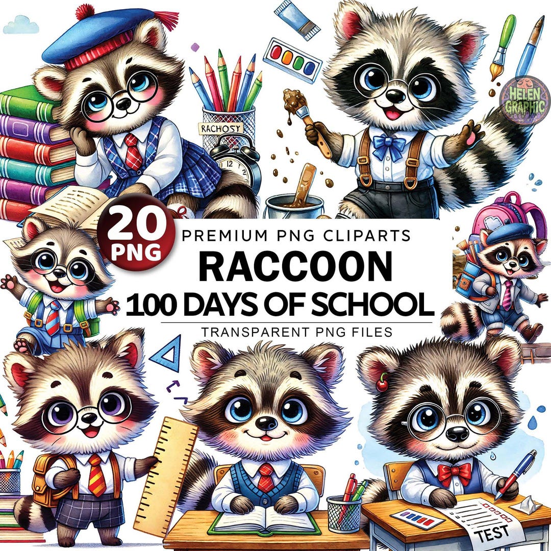 Kid Crew Raccon Raccoon 100 Days of School Png Bundle, 20 PNG Funny School, Raccoon ...
