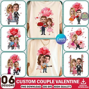 Peut inclure: Ensemble de six créations personnalisées pour la Saint-Valentin pour couples. Chaque design présente des illustrations de couples avec des ballons en forme de cœur et des thèmes romantiques. Téléchargement PNG haute qualité.