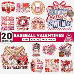 May include: A digital download featuring 20 baseball-themed Valentine's Day designs. The designs include baseballs, bats, hearts, and phrases such as "Game Day" and "Be My Valentine!" in various fonts and colours, ideal for digital crafting.