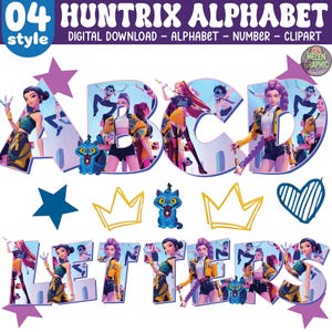 May include: Digital download graphic featuring the letters A, B, C, and D, each with a unique design and a woman illustration. The image also includes the word "LETTERS" and other graphic elements like stars, crowns, and a heart. The text "HUNTRIX ALPHABET" is at the top.