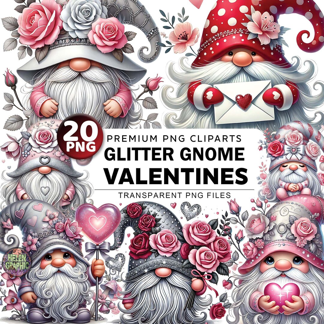 Valentines Glitter Gnome Clipart Bundle, 20 PNG Gnome Lovers ...