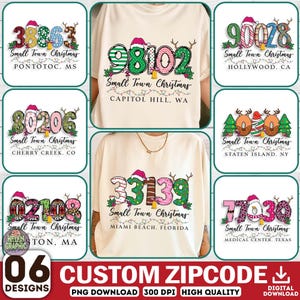 Puede incluir: Seis camisetas color crema con códigos postales personalizados con diseños navideños. Cada diseño incluye un código postal, la frase "Small Town Christmas" y la ciudad. Los diseños incorporan elementos festivos como gorros de Papá Noel y cornamentas.