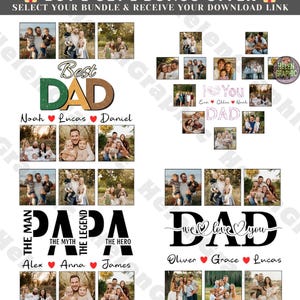 May include: A digital download graphic with the text "Best Dad", "Papa The Myth The Legend The Hero", and "We Love You Dad". The design includes family photos and names. The top banner reads "Buy 1 Get 1 Bonus Offer".