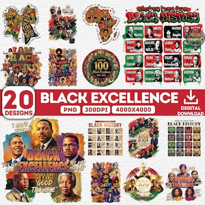 Op de afbeelding: Een digitale download met 20 ontwerpen die Black Excellence vieren. De ontwerpen bevatten portretten van historische figuren, tekst en illustraties. Het kleurenpalet omvat zwart, rood, groen en goud.