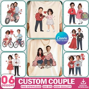 May include: A collection of six custom couple designs, featuring cartoon illustrations of couples in various romantic scenarios. The designs include couples on a scooter, bicycle, and holding hands. The text "CUSTOM COUPLE" is displayed.