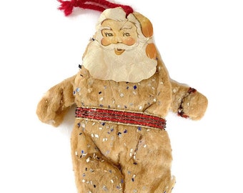 Rare Santa Christmas Ornament 1940s Spun Cotton Batting Ornament with paper Santa Claus Face and Hanging Loop