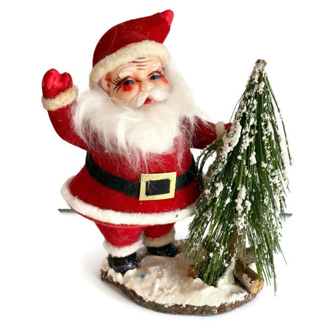 Retro Flocked Santa With Evergreen Tree on a snow Etsy