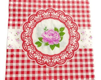 Set of 4 Decoupage Napkins, 5" x 5"  Made in Poland for Ephemera for Cardmaking, Collage, Altered Art, Mixed Media,  Red check with Flower