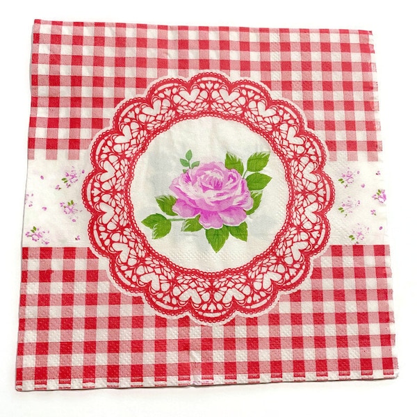Set of 4 Decoupage Napkins, 5" x 5"  Made in Poland for Ephemera for Cardmaking, Collage, Altered Art, Mixed Media,  Red check with Flower