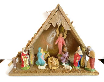 Vintage 12 Piece Nativity Manger Complete with Stable, Creche figures, Rustic Manger, Religious Christmas Décor #1 Lights Included