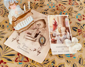 Vintage First Communion Accessories for Little Girls - Cake Topper, Card with Mother Mary Medal and Leaflet