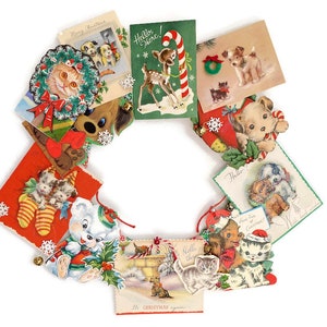 Vintage 1950s Cat & Dog Christmas Card Wreath | Original Holiday Greeting Cards | Retro Whimsical Décor | One-of-a-Kind Nostalgic Decoration
