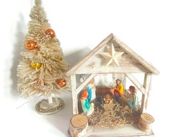 Seven Piece Nativity Set  ,shabby chic, English Country, Depressed Wood Manger #F