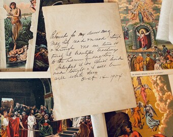 Vintage lithographs depicting religious events and allegorical illustrations from the Bible in colorful engravings.