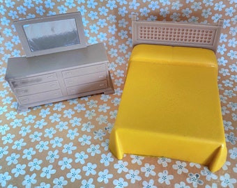 Vintage Yellow/Gold Brown Plastic Dollhouse Furniture-Midcentury Bed and Dresser