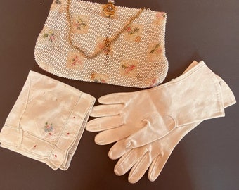 Set of Three Women Accessories, Beaded Purse with Chain, Embroidered Handkerchief,  Set of Gloves ...all in white