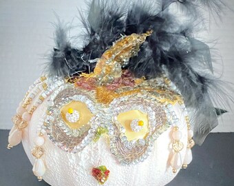 Upcycled Painted White Pumpkin, Vintage Jewelry Rhinestone Collage Altered Art, Holiday Gift, Shabby chic, Sequin Embellished Pumpkin #1